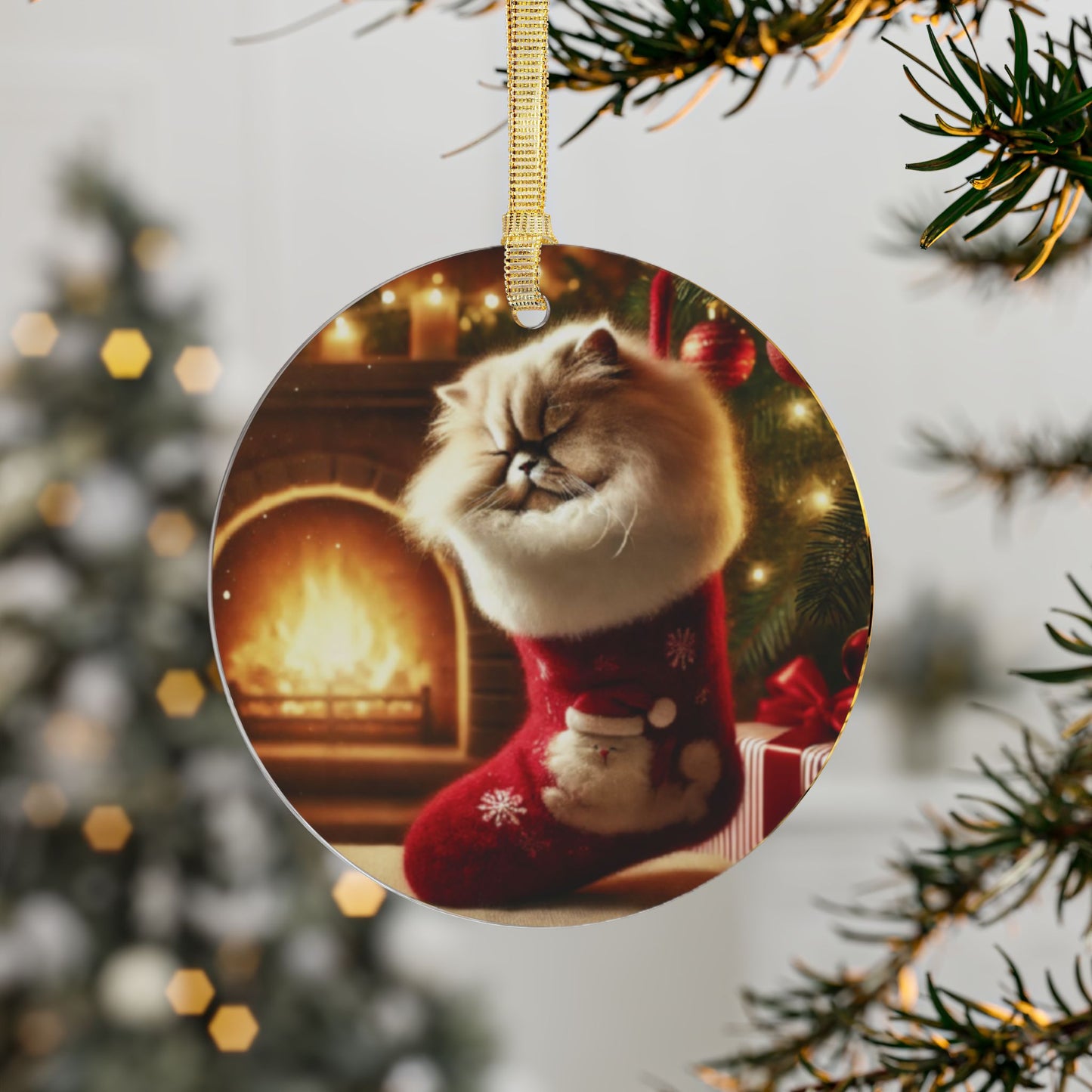 Fluffy Persian Cat in Stocking Acrylic Ornament – Cozy Fireplace Christmas Decor