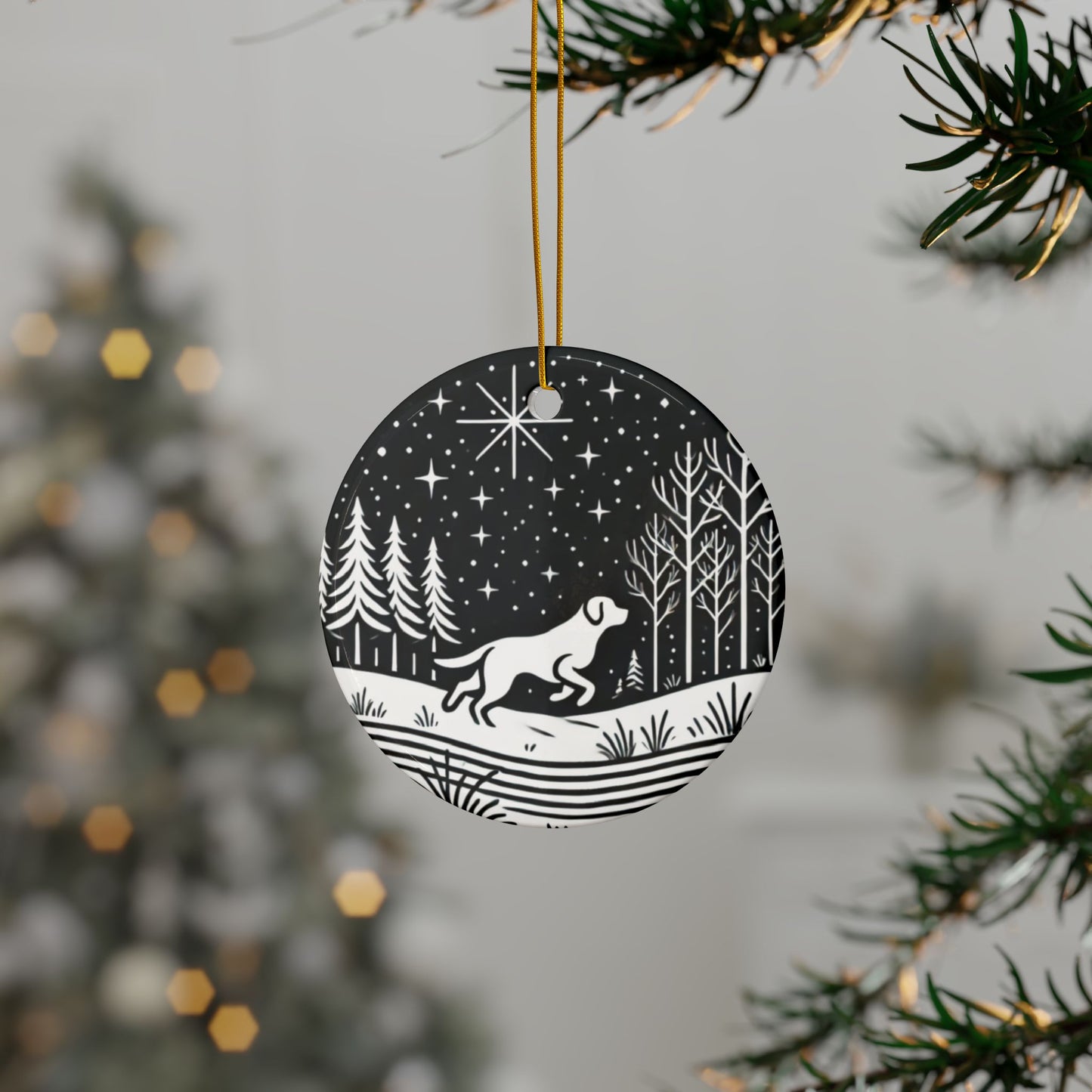 Minimalist Labrador Retriever Running Through Snowy Forest Ceramic Ornament – Two-Sided Print