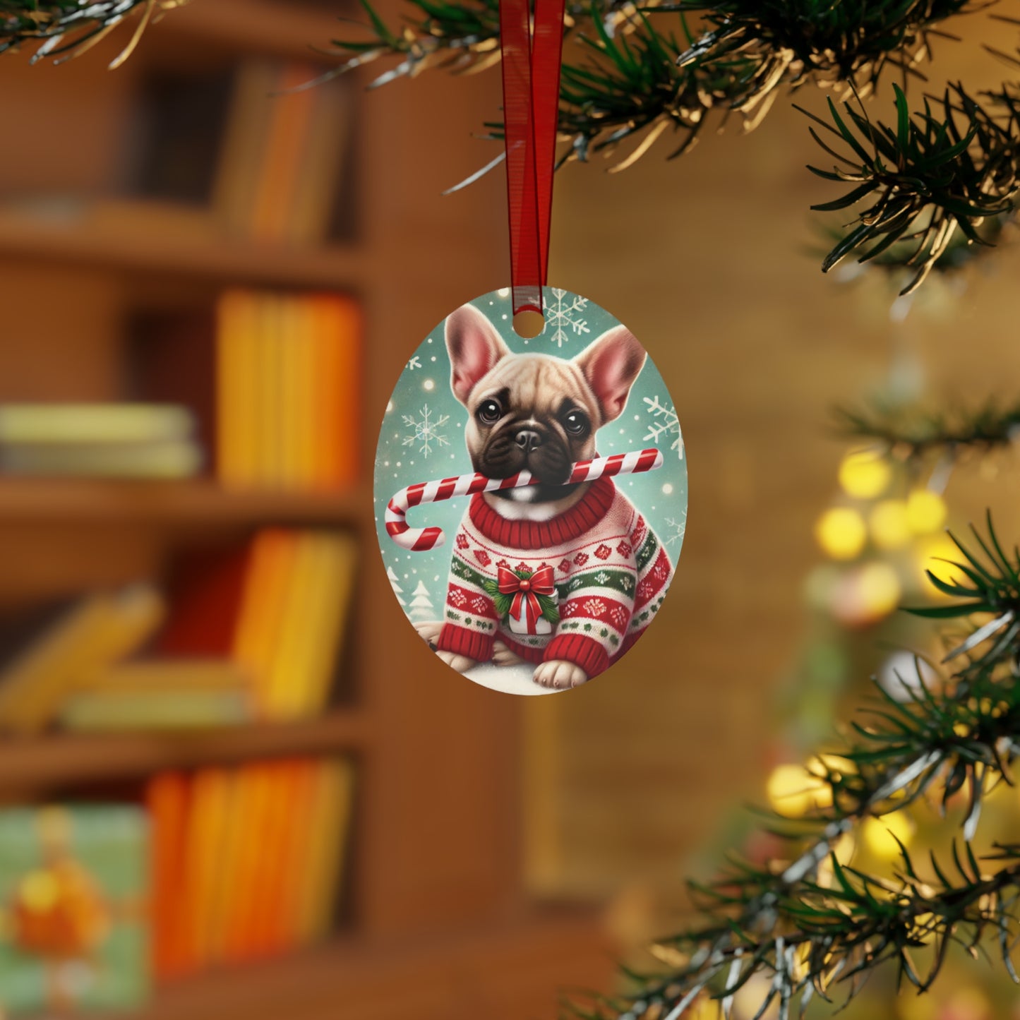 French Bulldog in Christmas Sweater Metal Ornament – Custom Double-Sided Holiday Decor