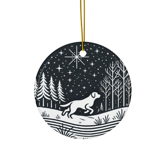 Minimalist Labrador Retriever Running Through Snowy Forest Ceramic Ornament – Two-Sided Print