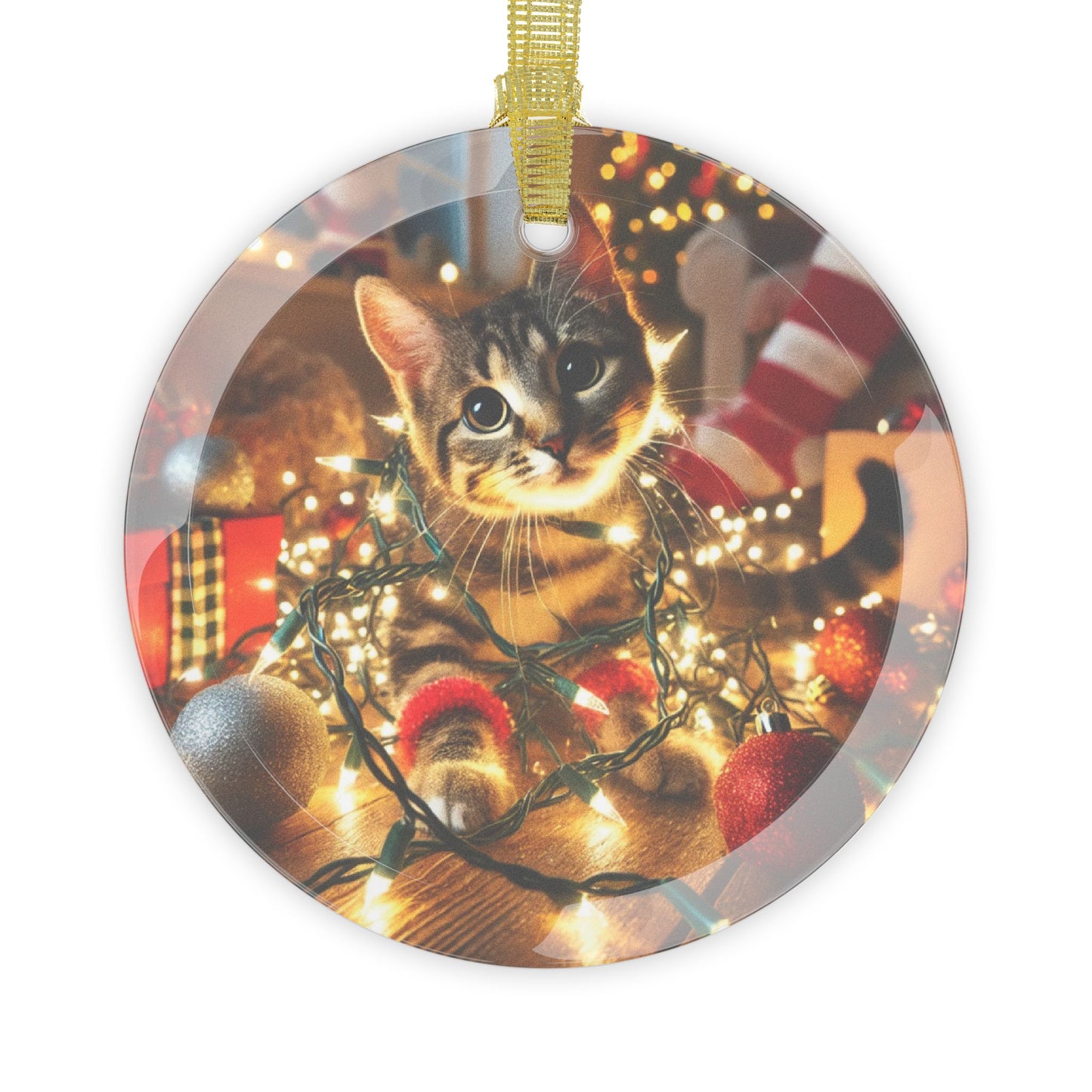 Tabby Cat 'Tangled in Holiday Lights' Glass Ornament – Custom Whimsical Christmas Decor