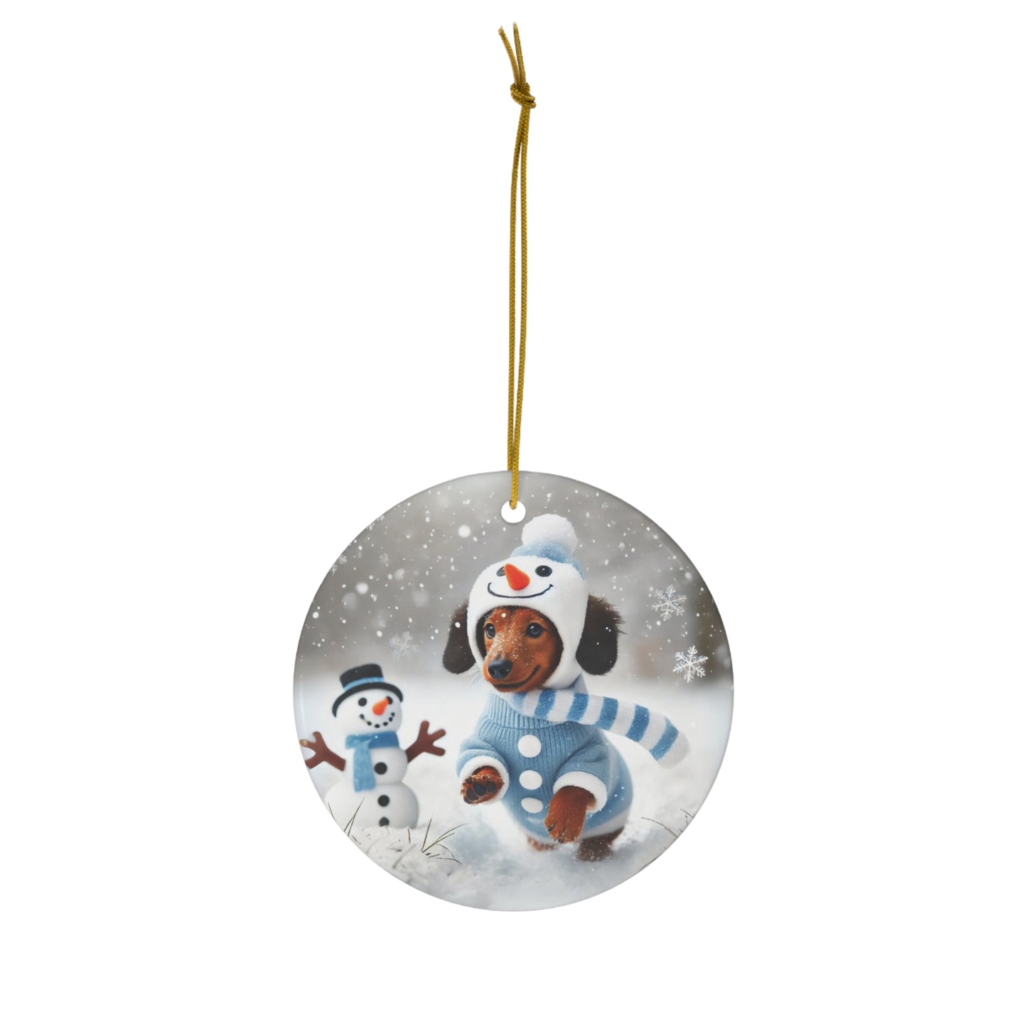 Dachshund in Snowman Costume Ceramic Ornament – Festive Holiday Pet Decor