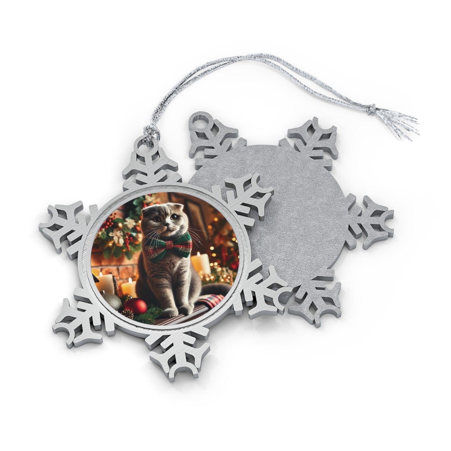 Scottish Fold Cat with Bow Tie Pewter Snowflake Ornament – Elegant Holiday Decor