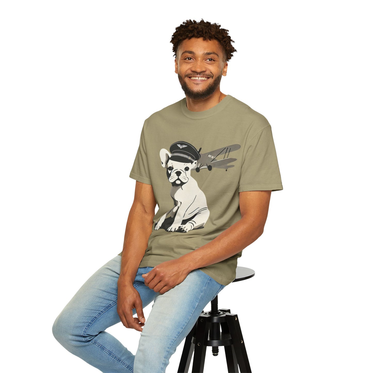 French Bulldog Pilot 'On Cloud 9' Unisex Khaki Garment-Dyed T-Shirt – Cozy, Stylish & Trendy