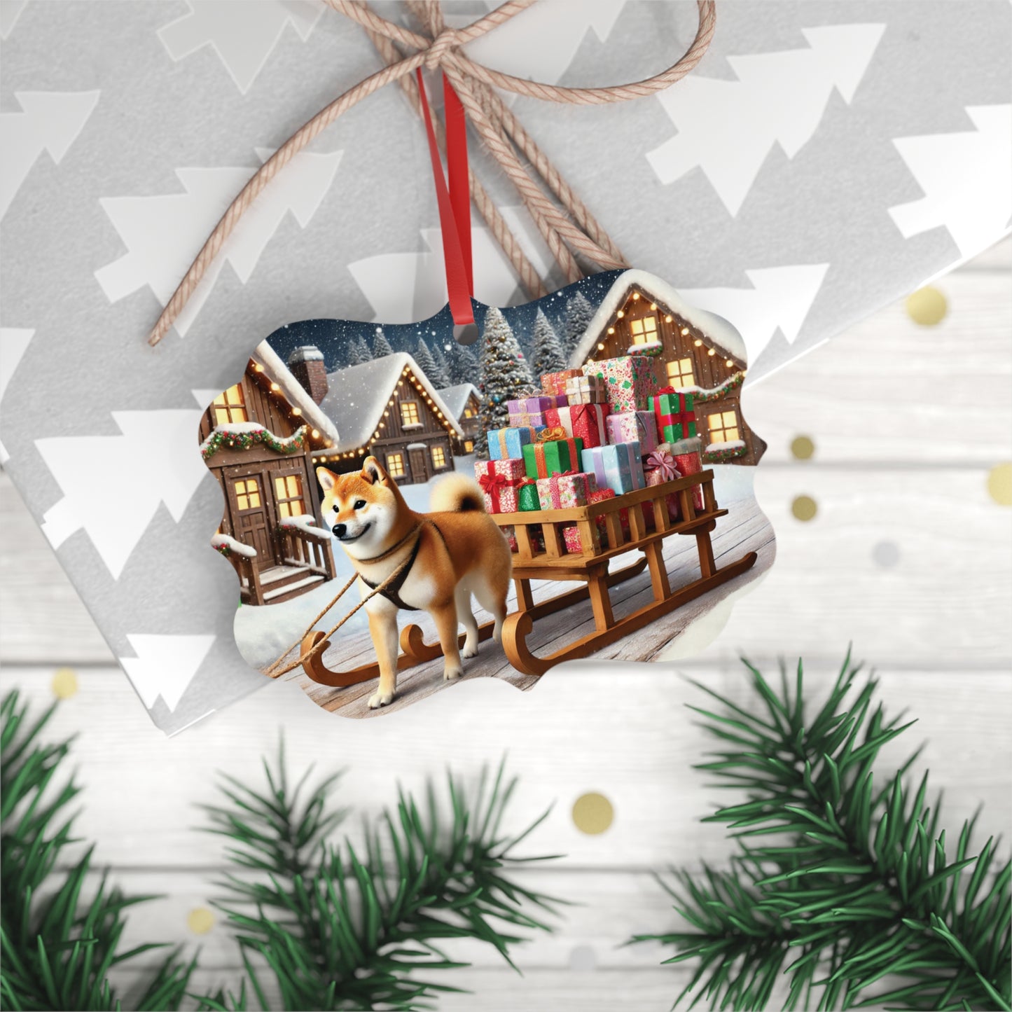 Shiba Inu Pulling a Sleigh Metal Plaque Ornament – Festive Christmas Village Scene