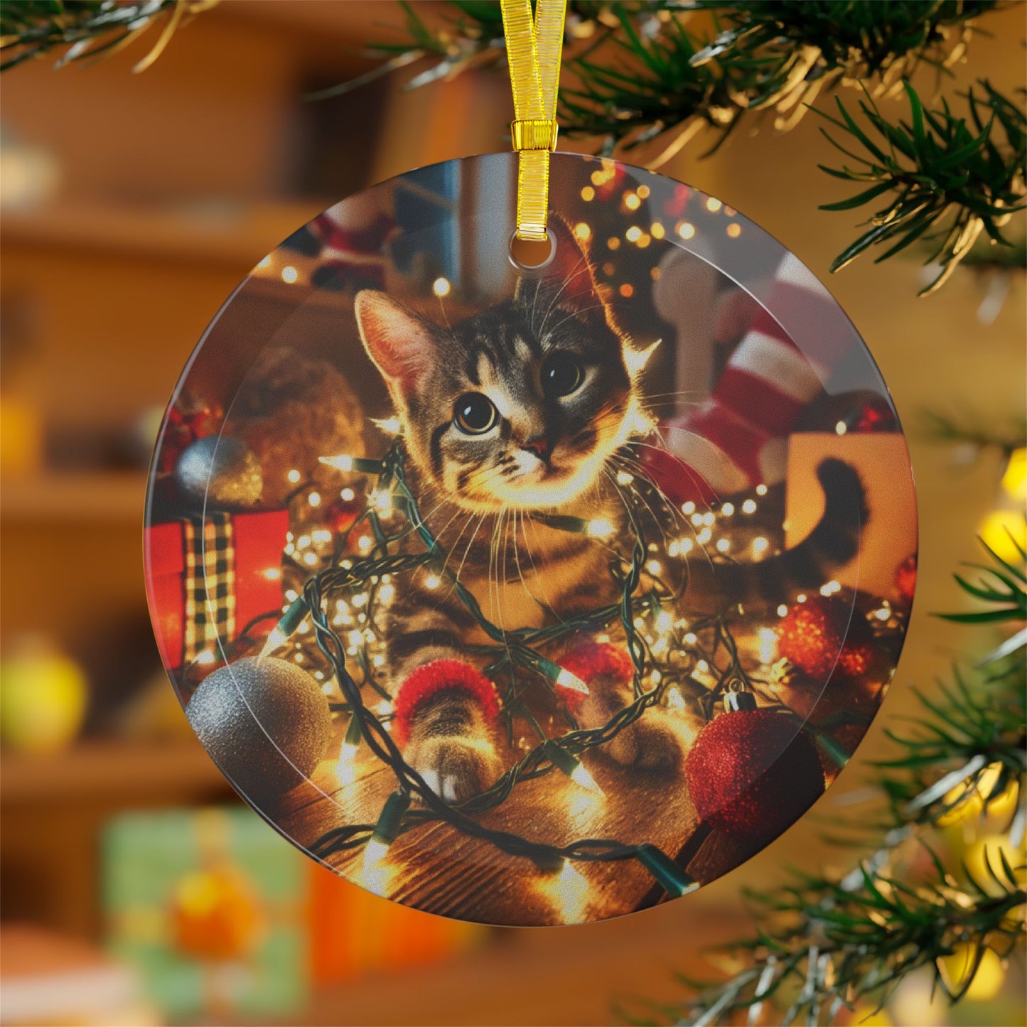 Tabby Cat 'Tangled in Holiday Lights' Glass Ornament – Custom Whimsical Christmas Decor