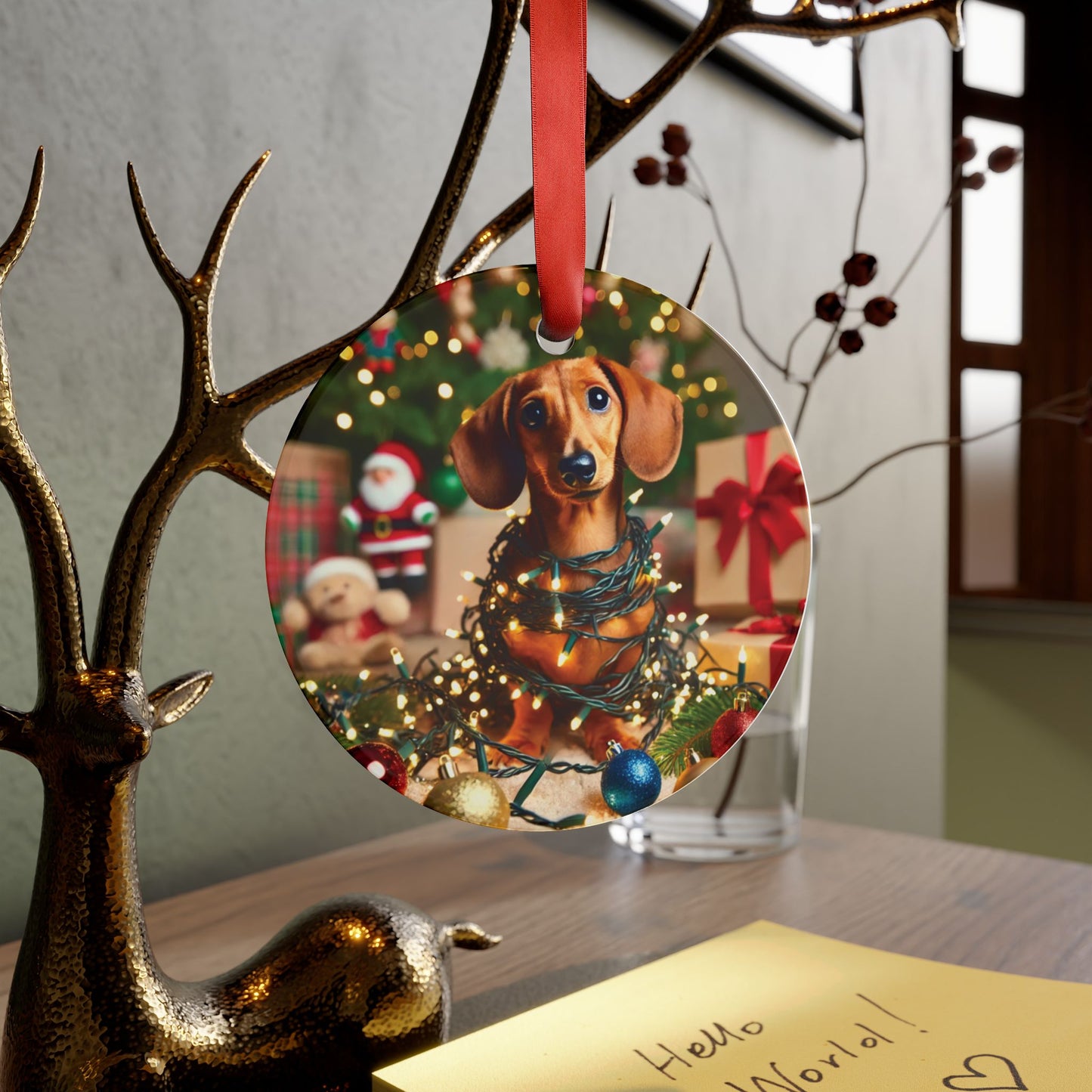 Dachshund in Holiday Lights Acrylic Ornament – Playful Christmas Tree Decor