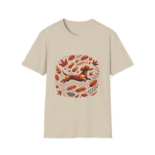 Geometric Dachshund 'Catch Me If You Can' Unisex Sand Softstyle T-Shirt – Cozy & Stylish Autumn Vibe