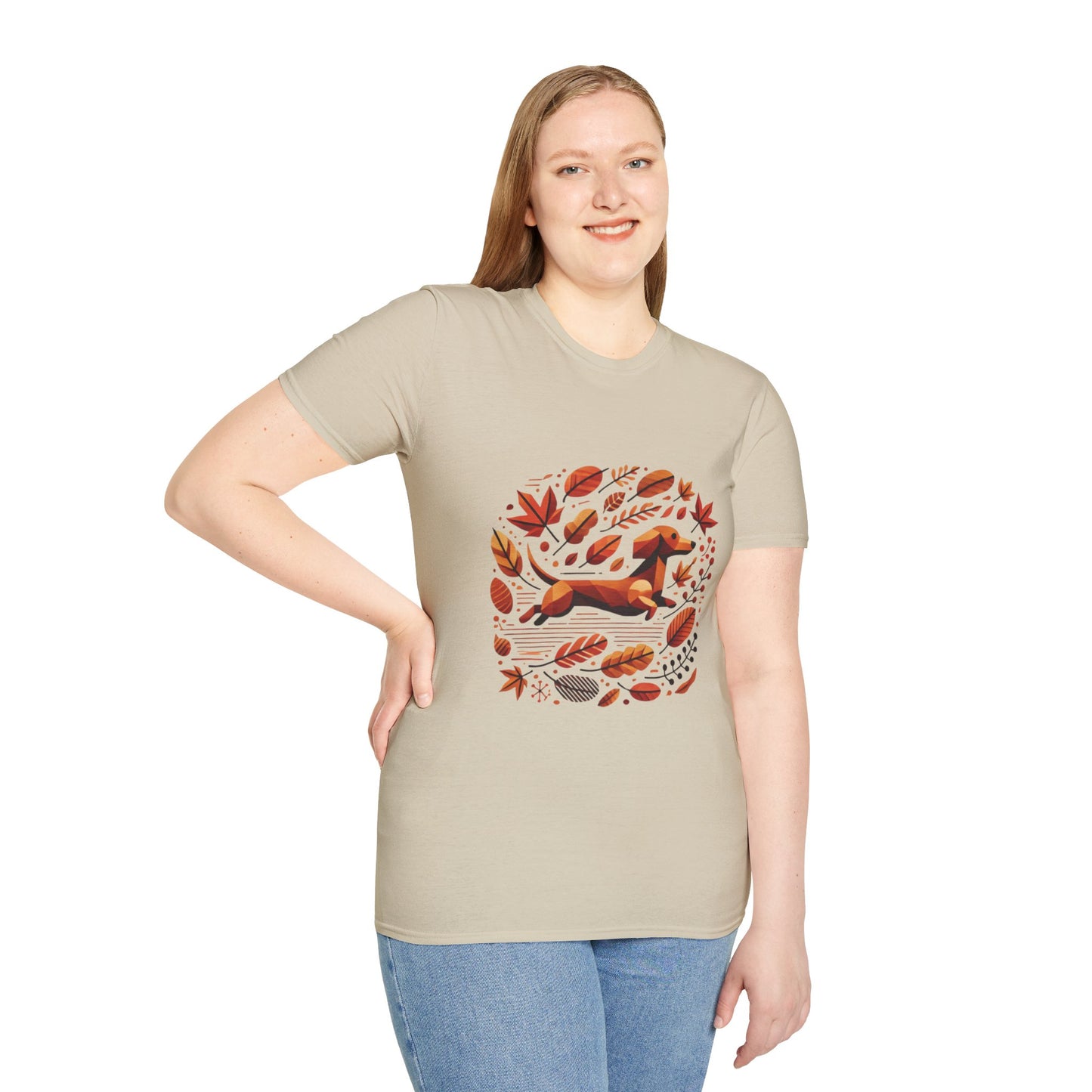 Geometric Dachshund 'Catch Me If You Can' Unisex Sand Softstyle T-Shirt – Cozy & Stylish Autumn Vibe