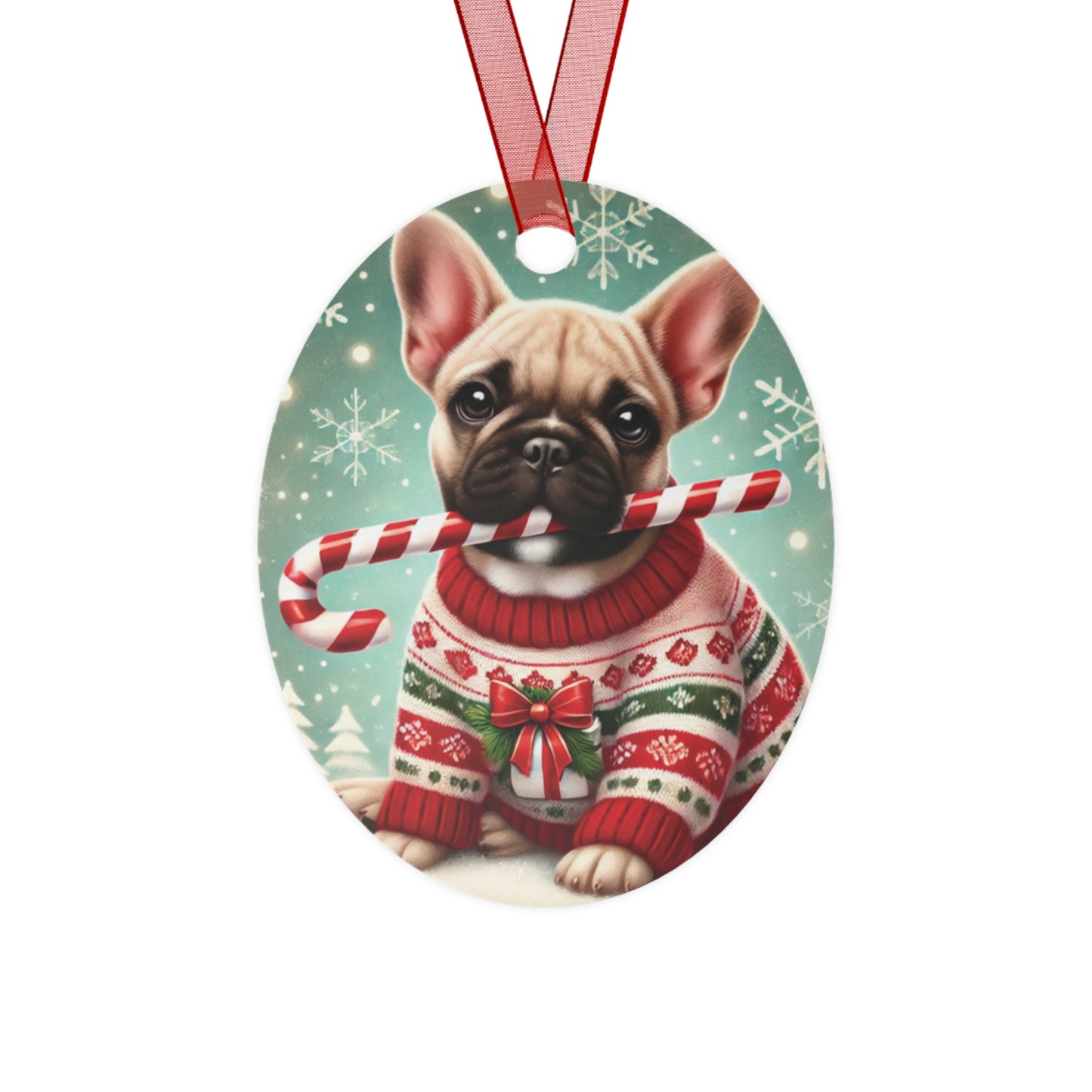 French Bulldog in Christmas Sweater Metal Ornament – Custom Double-Sided Holiday Decor