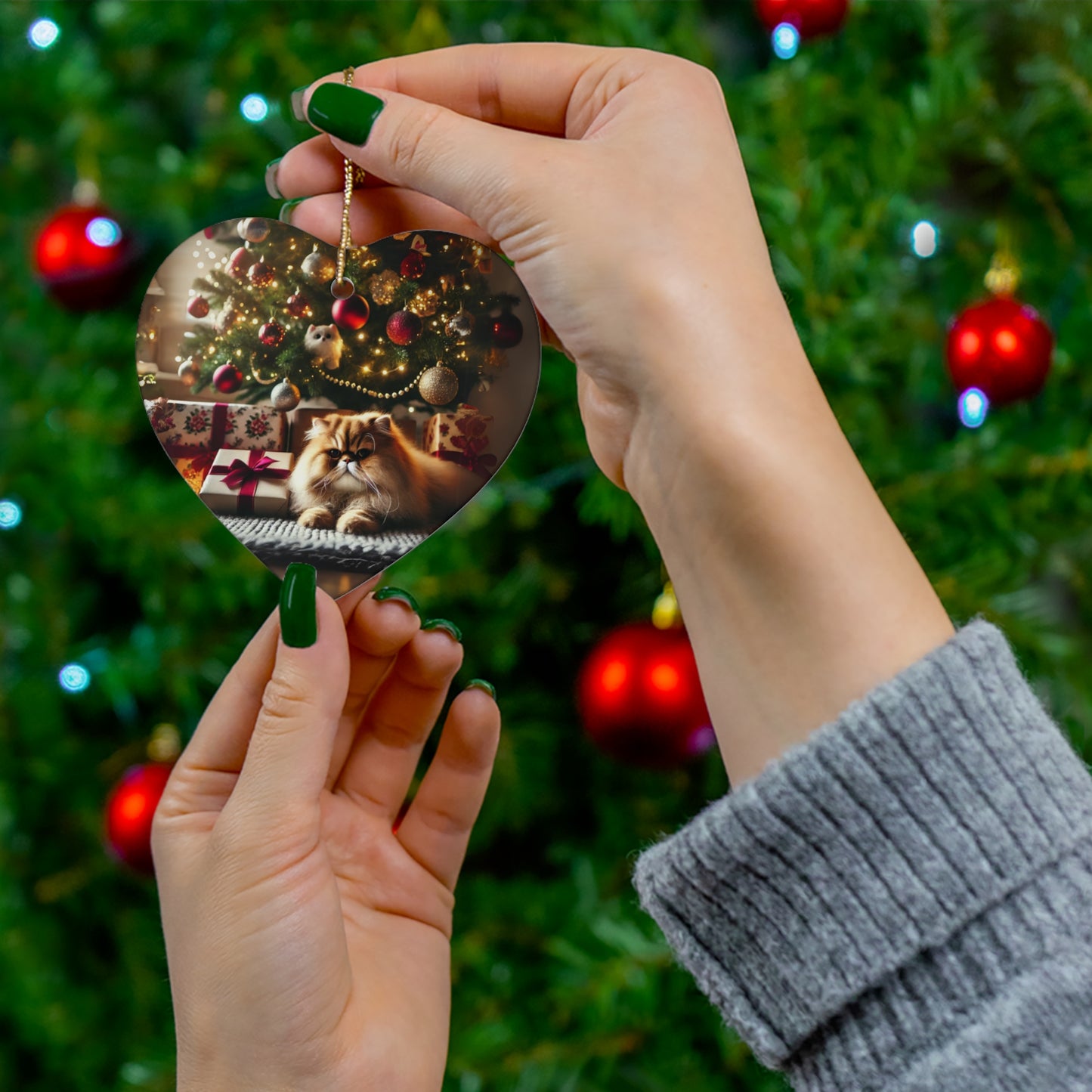 Persian Cat Lounging by the Christmas Tree Heart-Shaped Ceramic Ornament – Festive Pet-Themed Decor