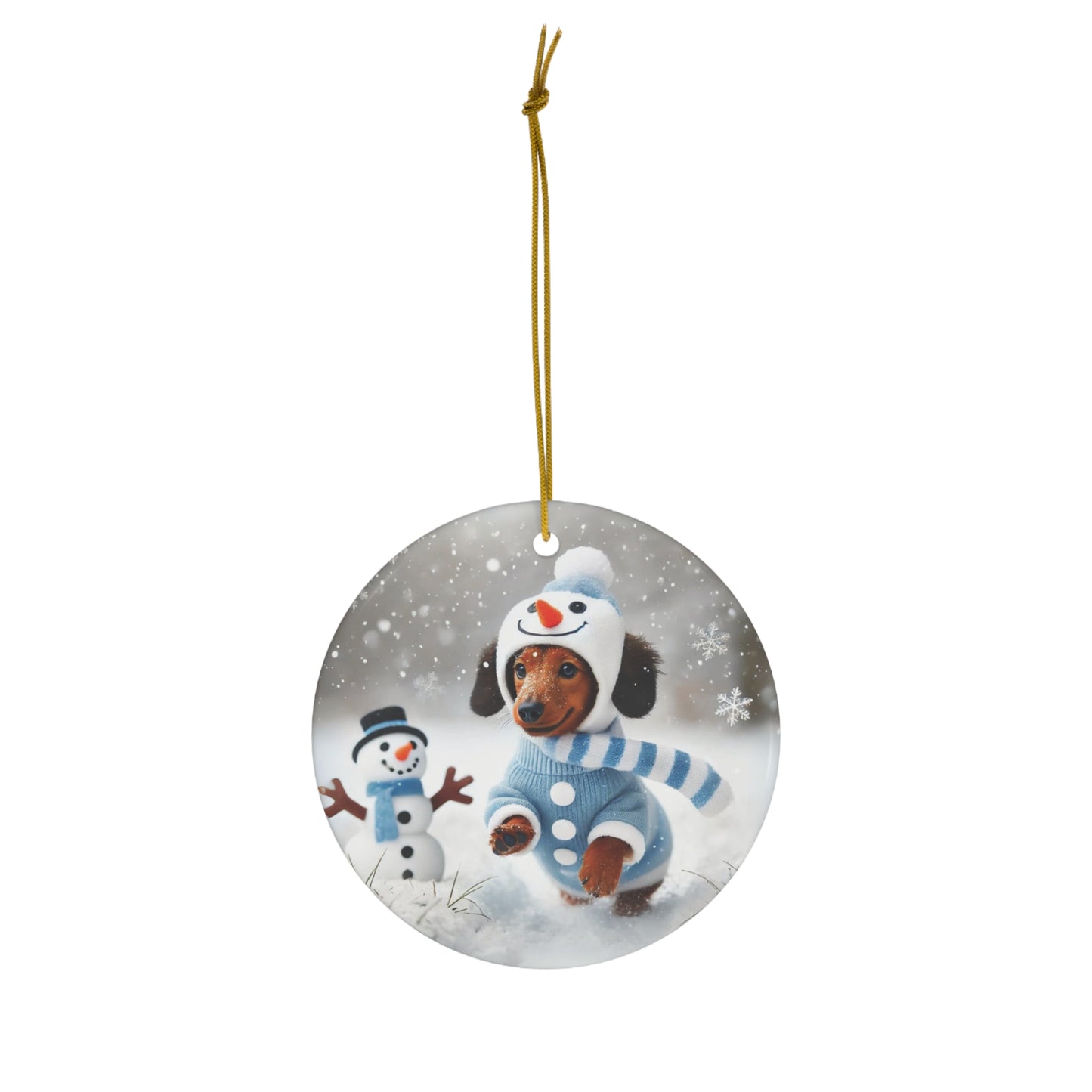 Dachshund in Snowman Costume Ceramic Ornament – Festive Holiday Pet Decor