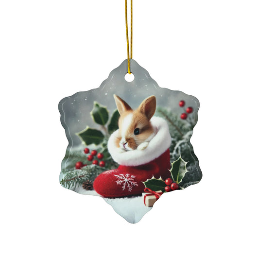 Rabbit in Red Christmas Stocking Ceramic Snowflake Ornament – Festive Holiday Decor