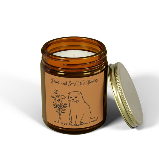 Scottish Fold 'Paws and Smell the Flowers' Scented Candle – Hand-Poured in Amber Glass