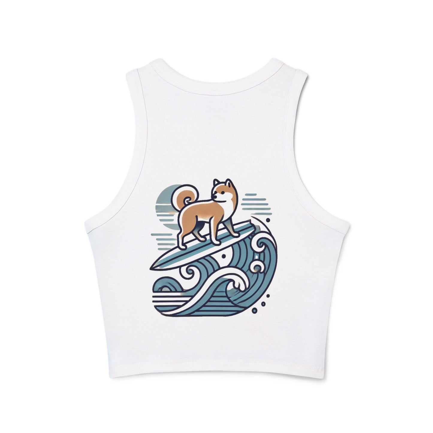 Shiba Inu 'Ride the Wave' Women's White Micro Rib Racer Tank Top – Ultra-Soft, Stylish & Trendy