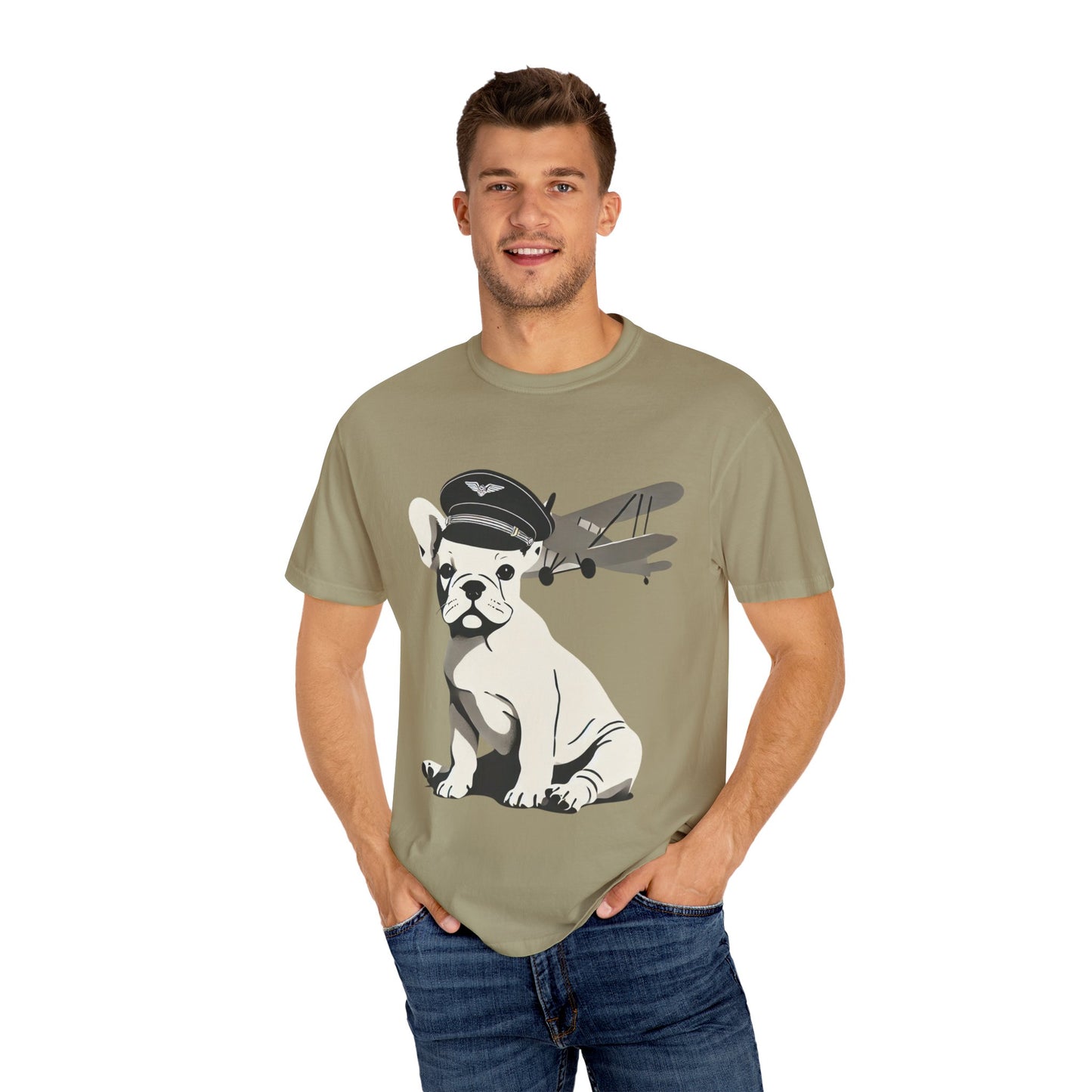 French Bulldog Pilot 'On Cloud 9' Unisex Khaki Garment-Dyed T-Shirt – Cozy, Stylish & Trendy