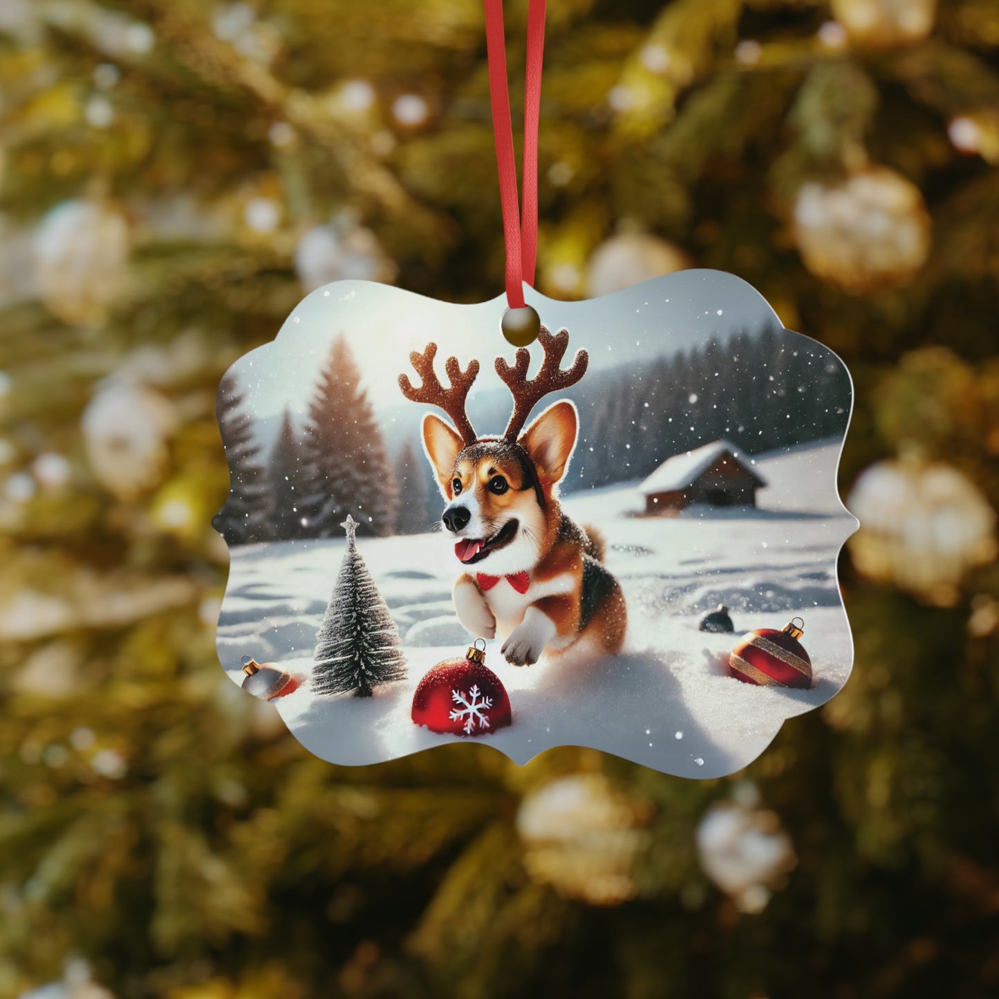 Corgi with Reindeer Antlers Chasing Christmas Ornament – Aluminum Holiday Decoration