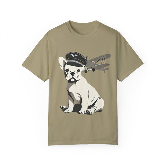 French Bulldog Pilot 'On Cloud 9' Unisex Khaki Garment-Dyed T-Shirt – Cozy, Stylish & Trendy