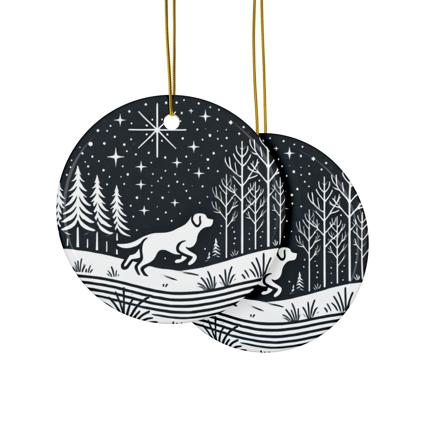 Minimalist Labrador Retriever Running Through Snowy Forest Ceramic Ornament – Two-Sided Print