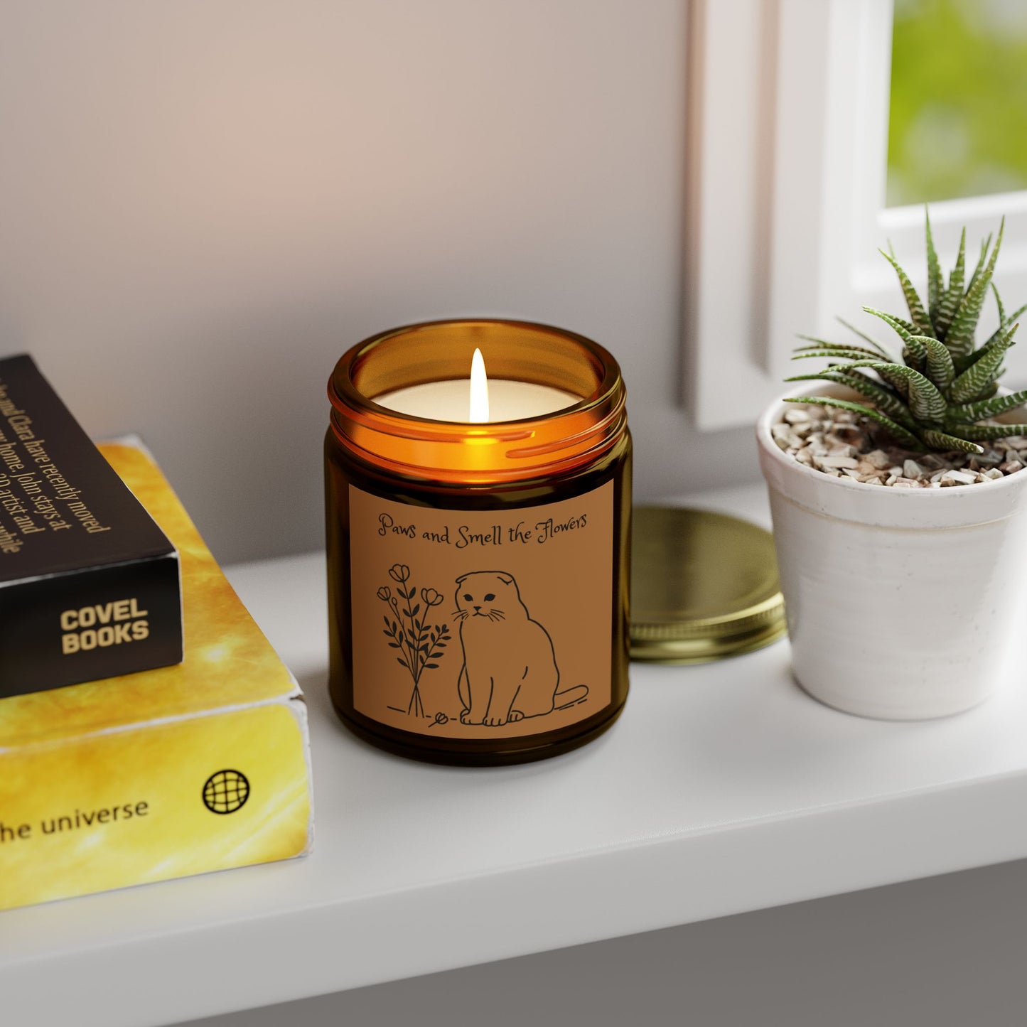 Scottish Fold 'Paws and Smell the Flowers' Scented Candle – Hand-Poured in Amber Glass