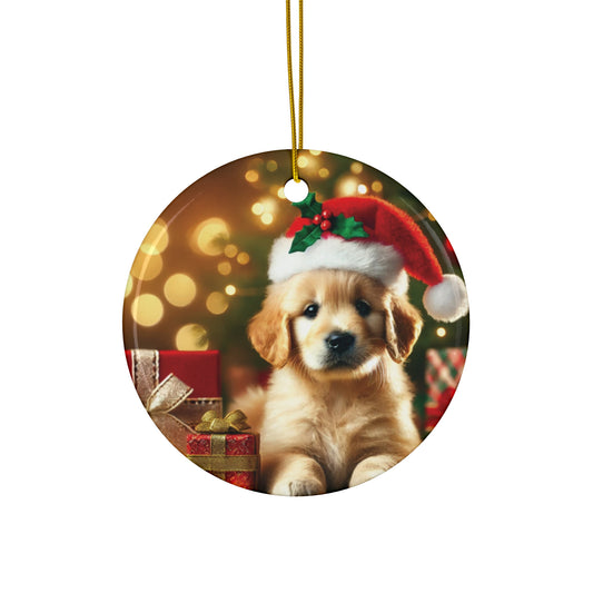 Golden Retriever Puppy Christmas Ornament – Adorable Santa Hat Design in Circle Shape