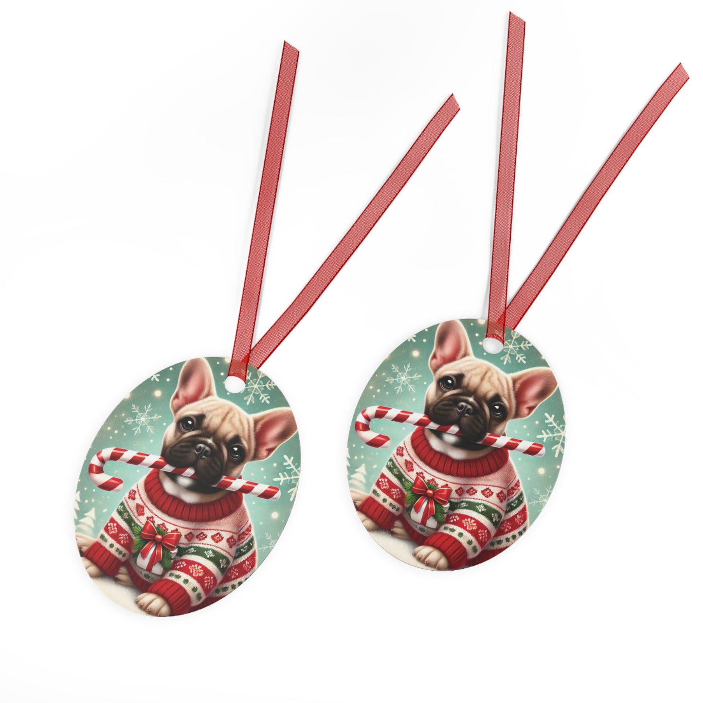 French Bulldog in Christmas Sweater Metal Ornament – Custom Double-Sided Holiday Decor