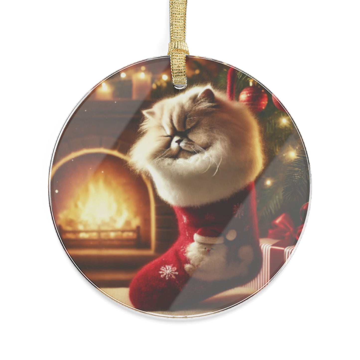 Fluffy Persian Cat in Stocking Acrylic Ornament – Cozy Fireplace Christmas Decor