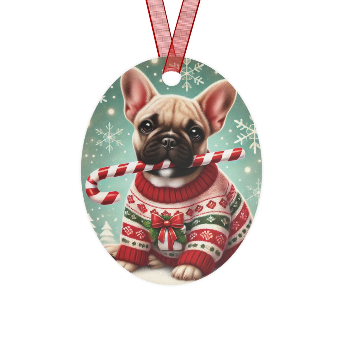 French Bulldog in Christmas Sweater Metal Ornament – Custom Double-Sided Holiday Decor