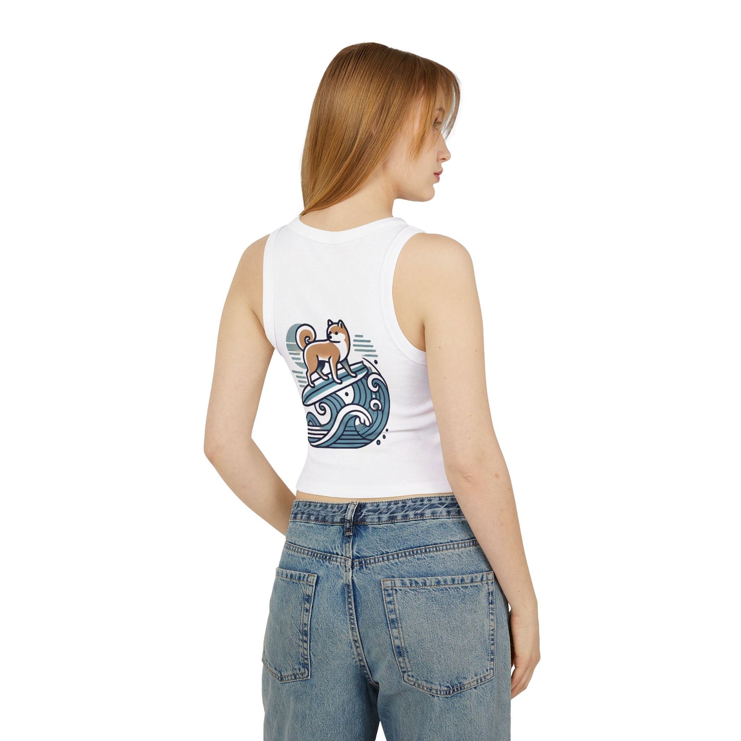 Shiba Inu 'Ride the Wave' Women's White Micro Rib Racer Tank Top – Ultra-Soft, Stylish & Trendy