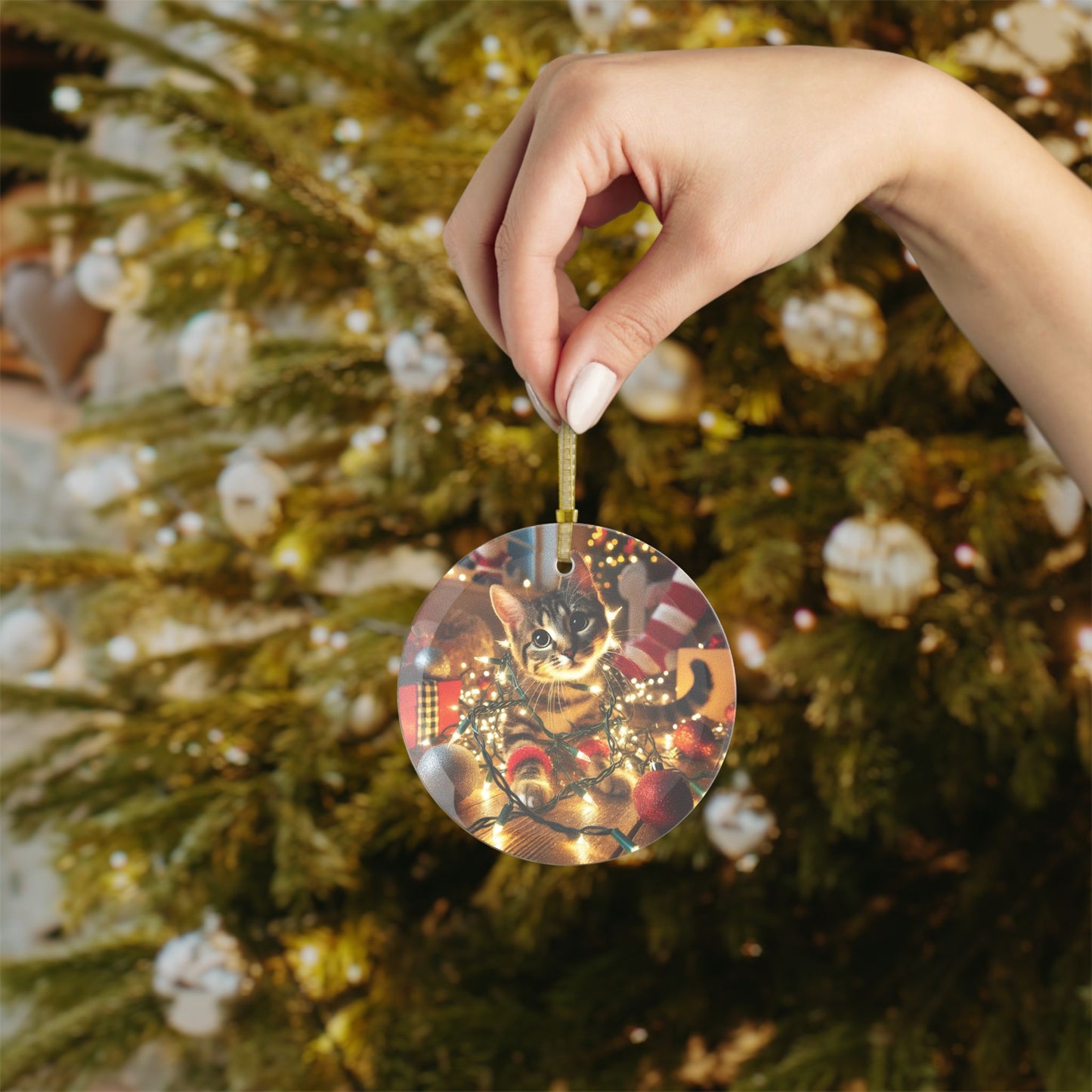 Tabby Cat 'Tangled in Holiday Lights' Glass Ornament – Custom Whimsical Christmas Decor