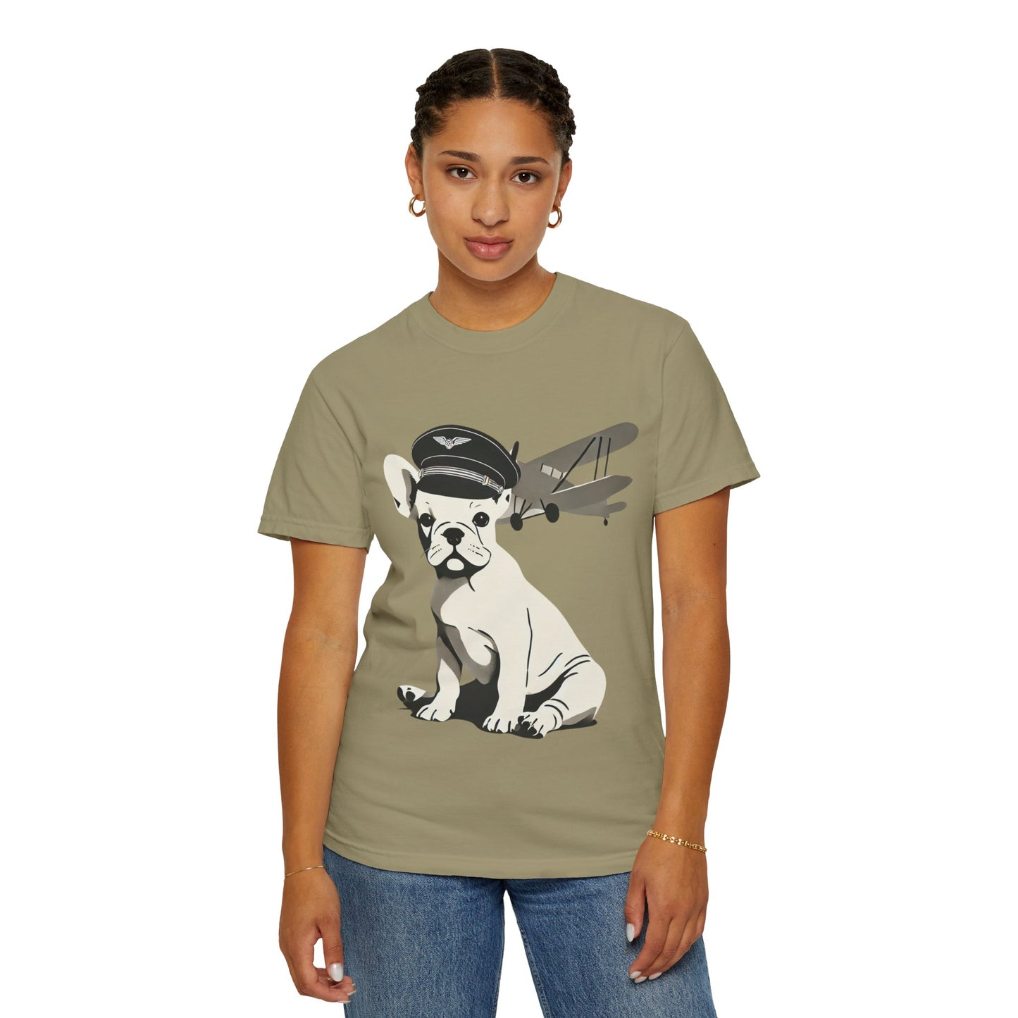 French Bulldog Pilot 'On Cloud 9' Unisex Khaki Garment-Dyed T-Shirt – Cozy, Stylish & Trendy