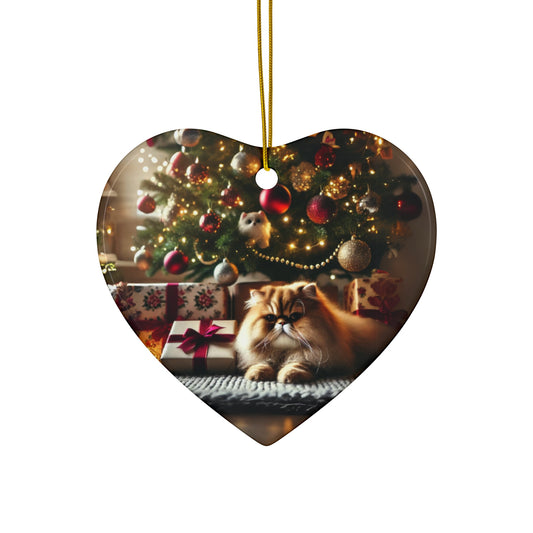 Persian Cat Lounging by the Christmas Tree Heart-Shaped Ceramic Ornament – Festive Pet-Themed Decor