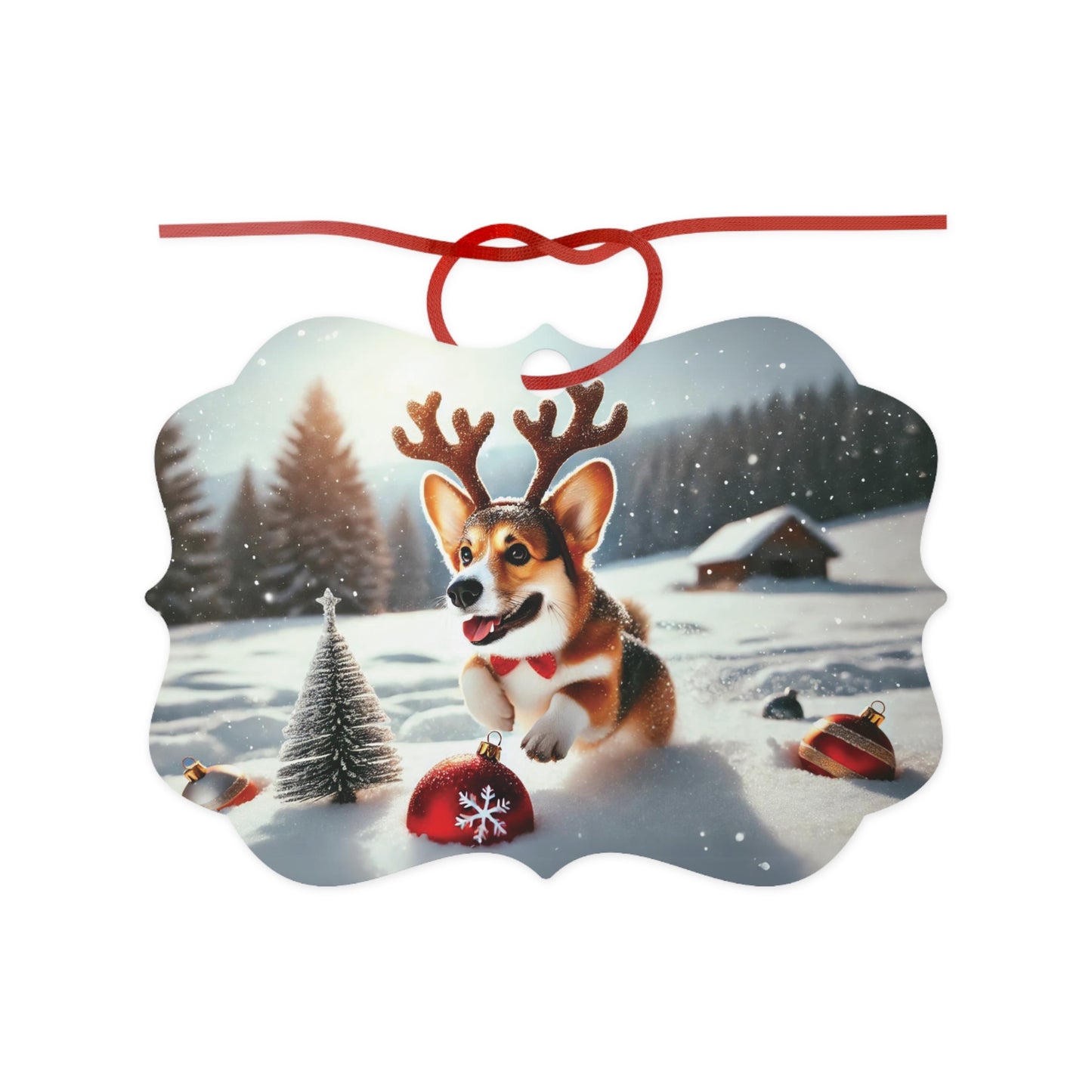 Corgi with Reindeer Antlers Chasing Christmas Ornament – Aluminum Holiday Decoration