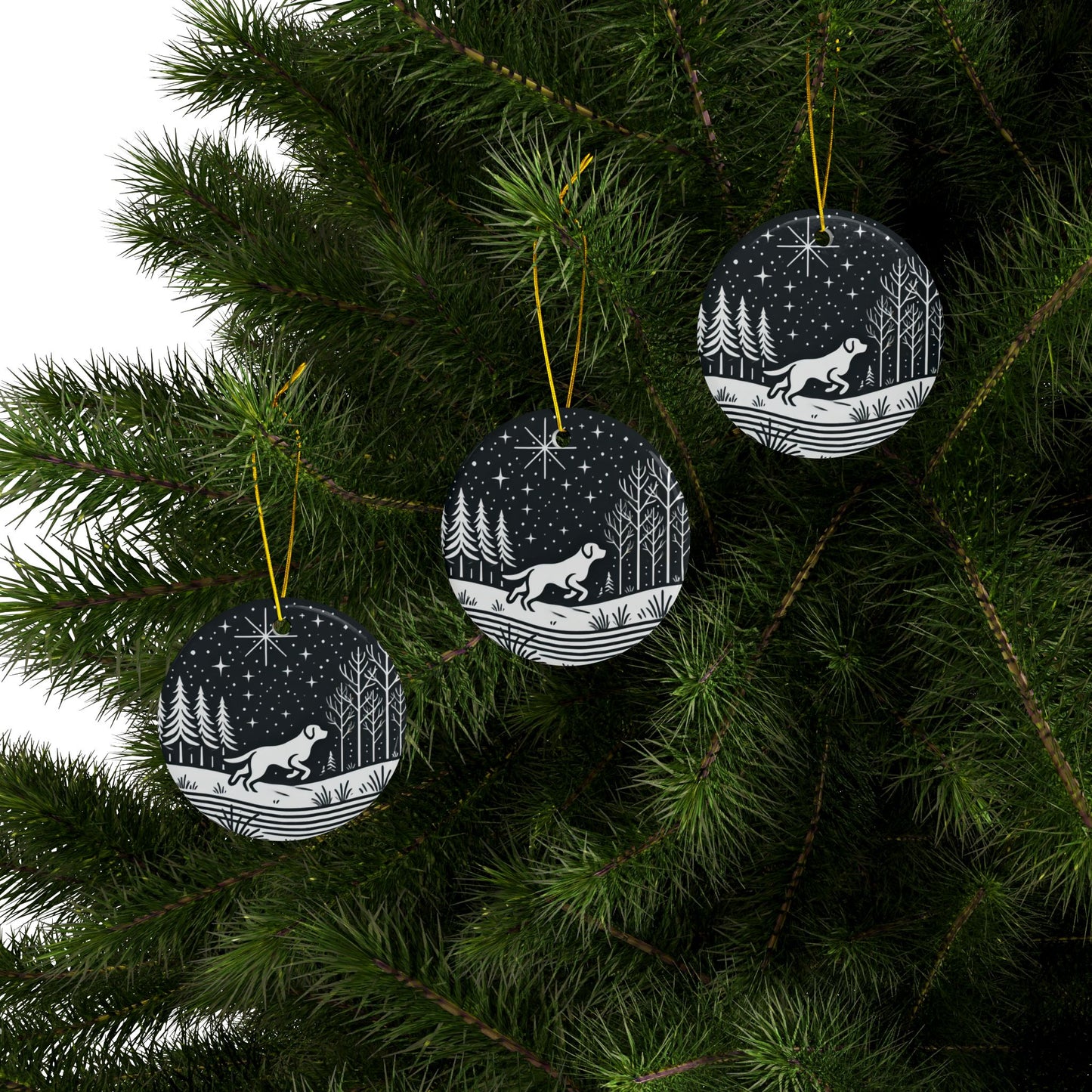 Minimalist Labrador Retriever Running Through Snowy Forest Ceramic Ornament – Two-Sided Print