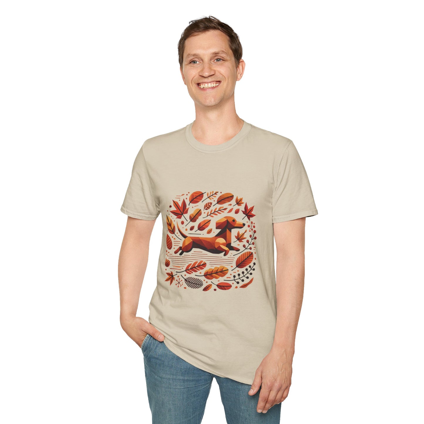 Geometric Dachshund 'Catch Me If You Can' Unisex Sand Softstyle T-Shirt – Cozy & Stylish Autumn Vibe