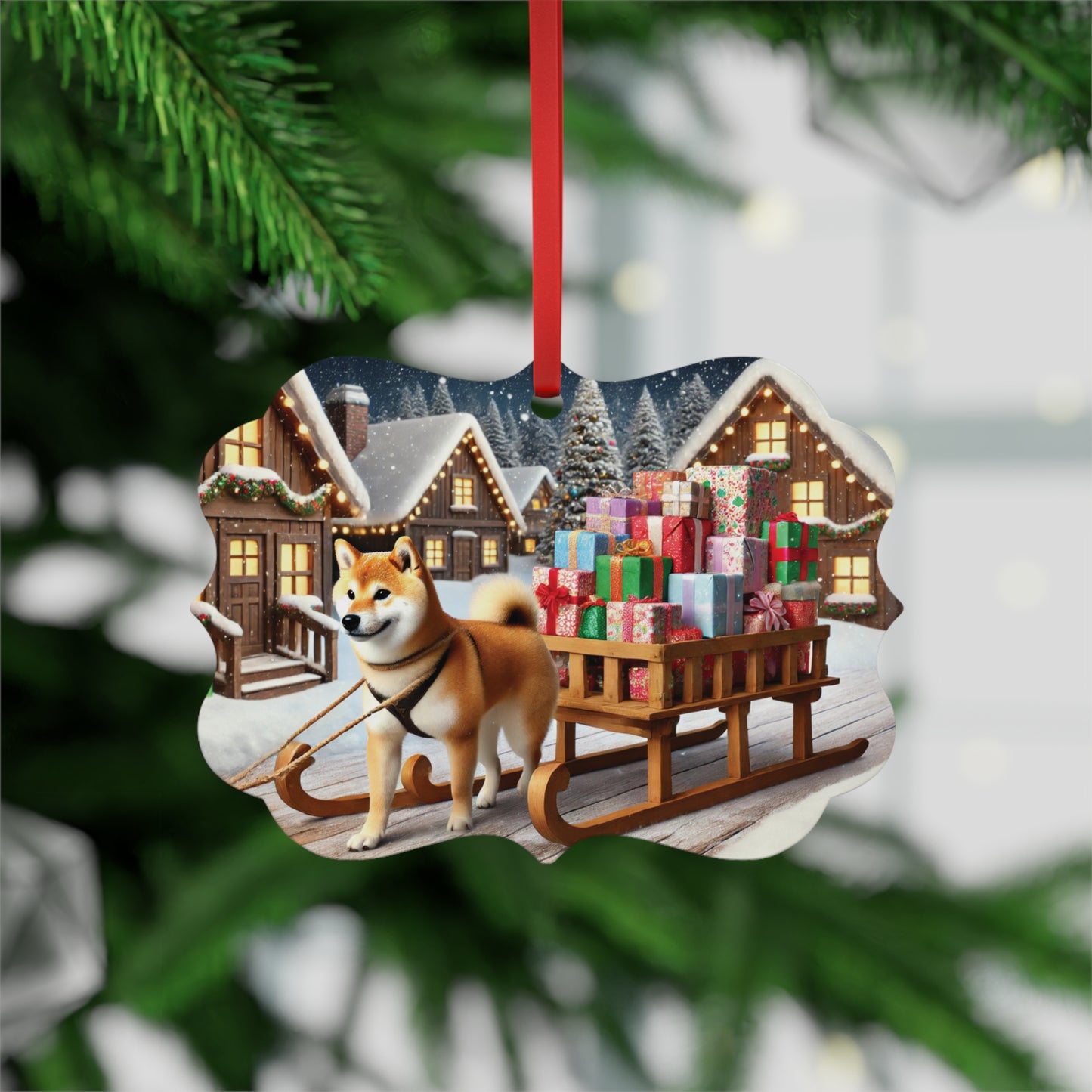 Shiba Inu Pulling a Sleigh Metal Plaque Ornament – Festive Christmas Village Scene