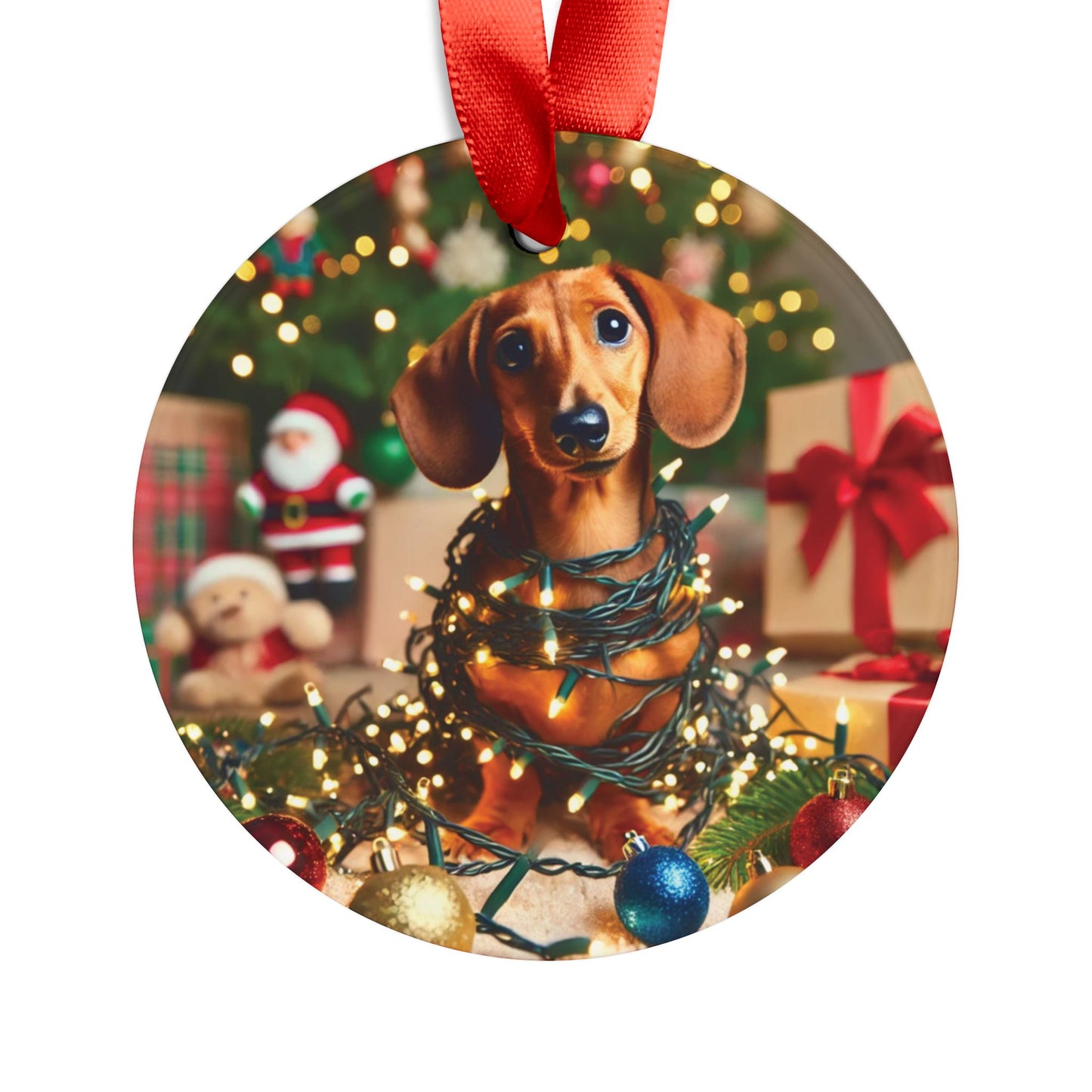 Dachshund in Holiday Lights Acrylic Ornament – Playful Christmas Tree Decor