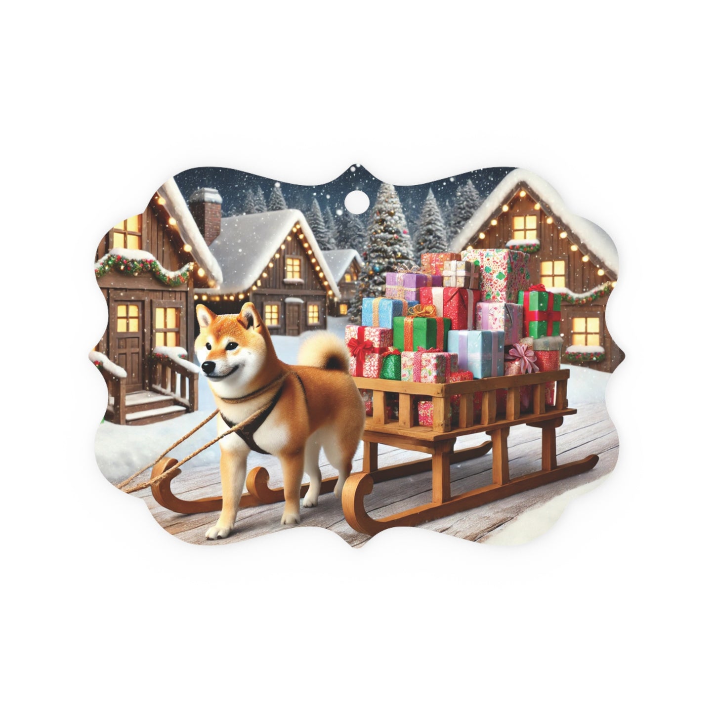 Shiba Inu Pulling a Sleigh Metal Plaque Ornament – Festive Christmas Village Scene