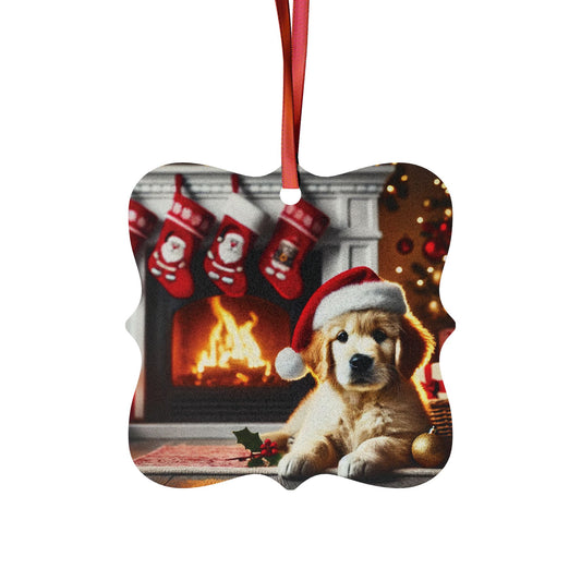 Golden Retriever Puppy in Santa Hat Aluminum Ornament – Festive Fireplace Christmas Decor