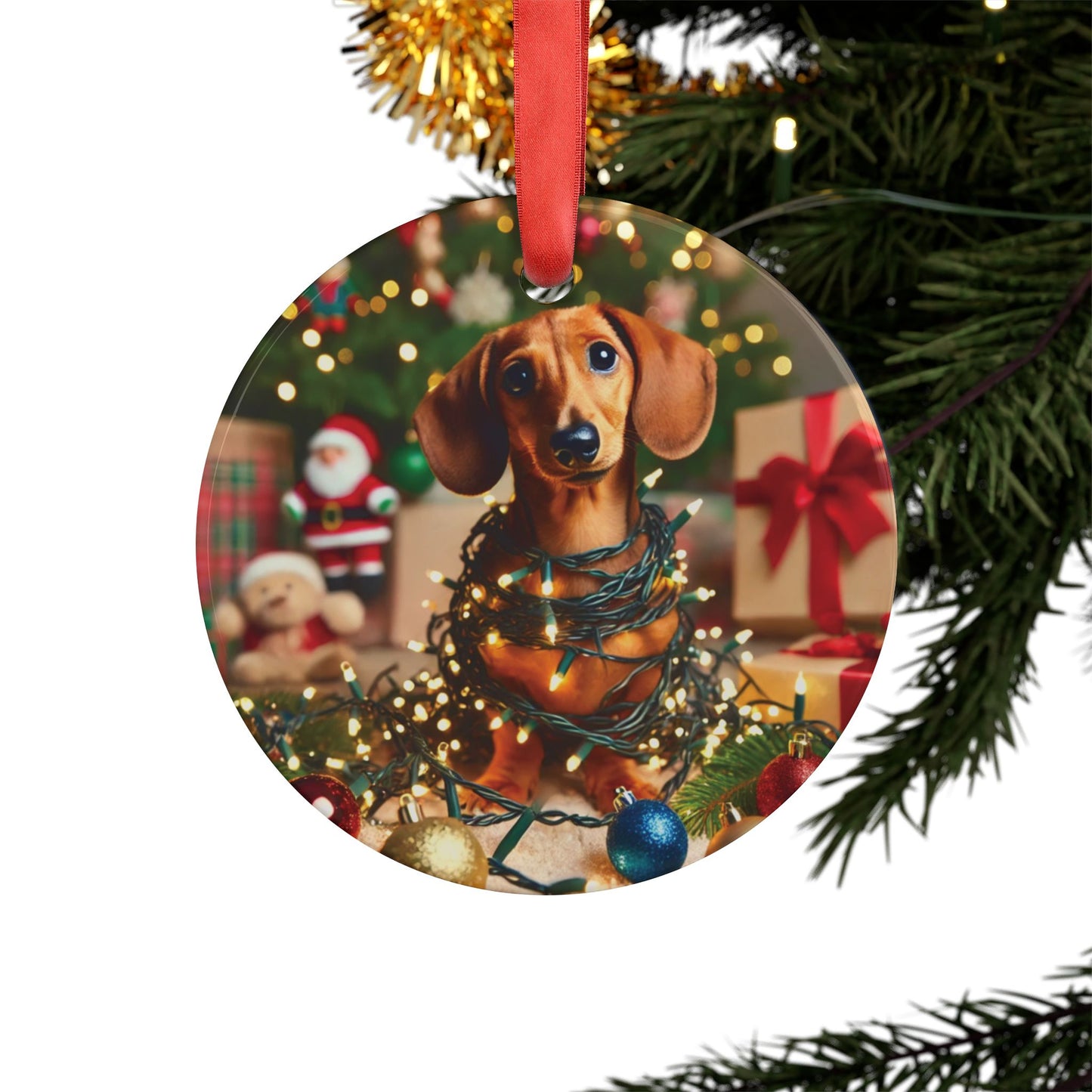 Dachshund in Holiday Lights Acrylic Ornament – Playful Christmas Tree Decor