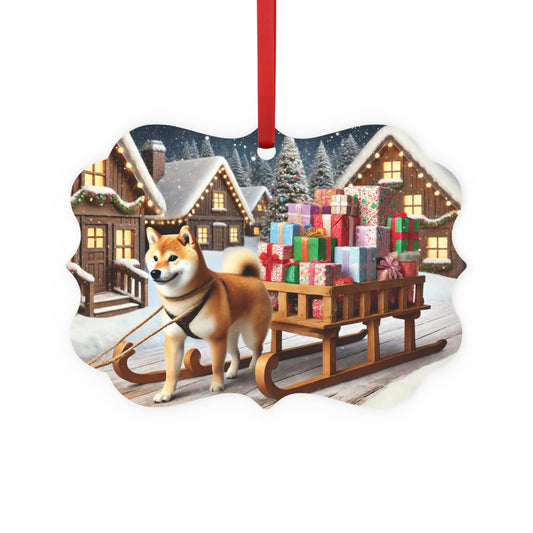 Shiba Inu Pulling a Sleigh Metal Plaque Ornament – Festive Christmas Village Scene