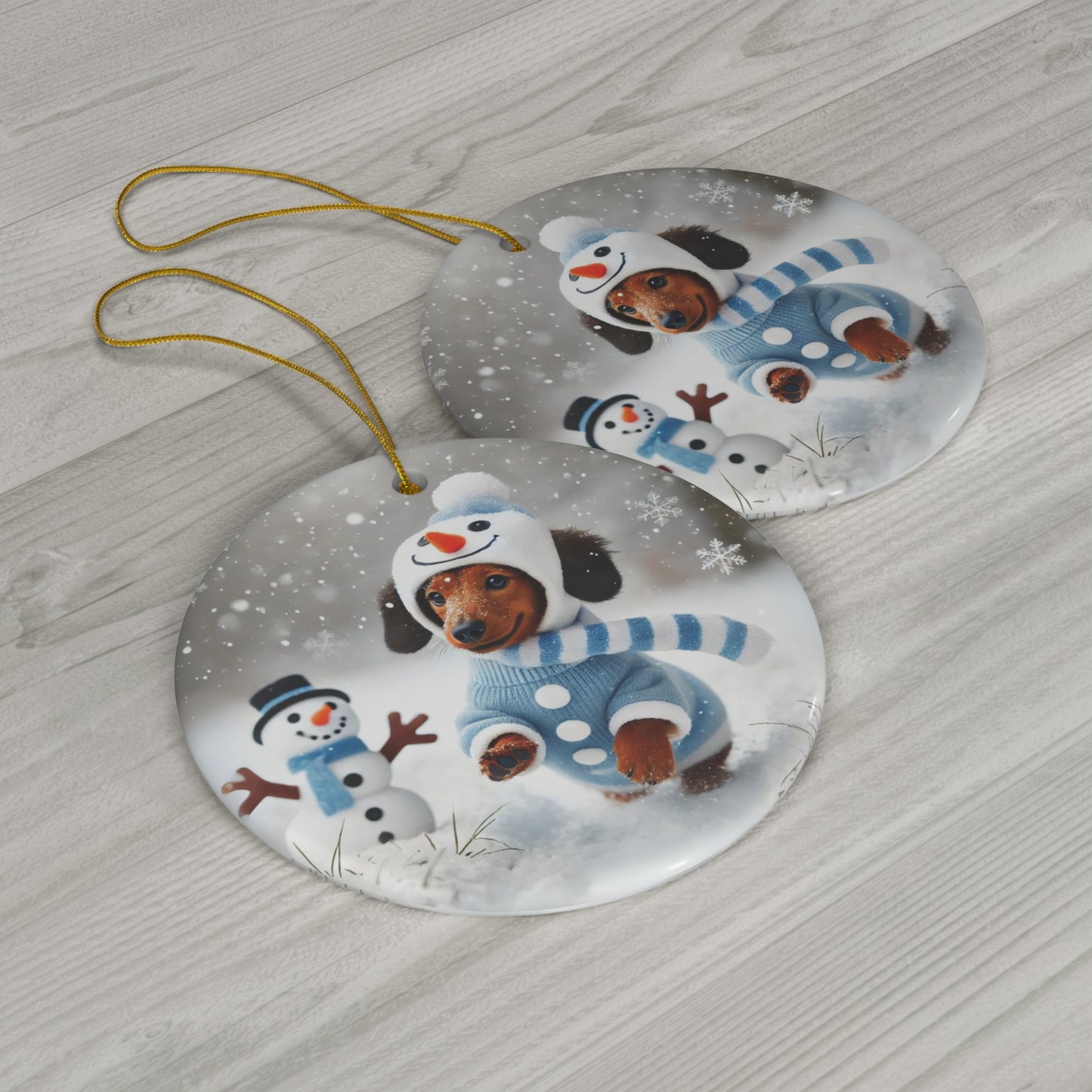 Dachshund in Snowman Costume Ceramic Ornament – Festive Holiday Pet Decor